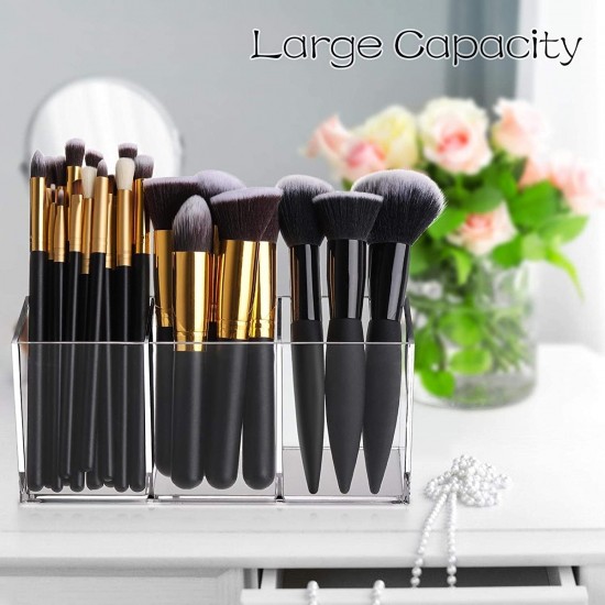 Clear Acrylic Makeup Brush Holder, Organizer, 3-Slots Cosmetic Brushes Storage Organizer, Countertop (20x7x9cm)