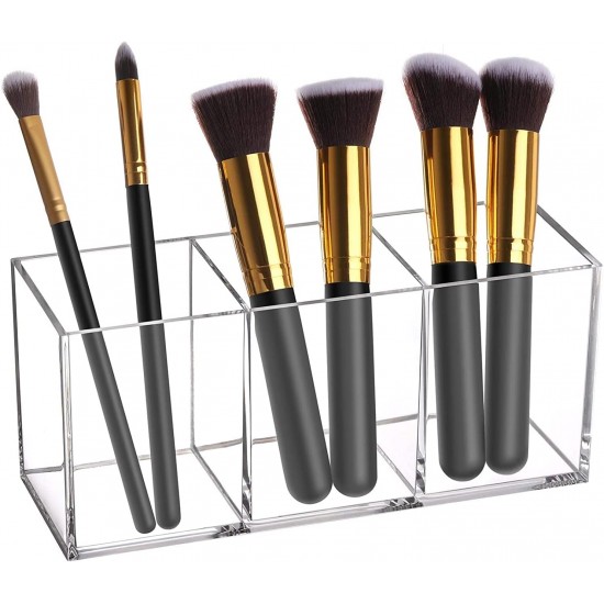 Clear Acrylic Makeup Brush Holder, Organizer, 3-Slots Cosmetic Brushes Storage Organizer, Countertop (20x7x9cm)