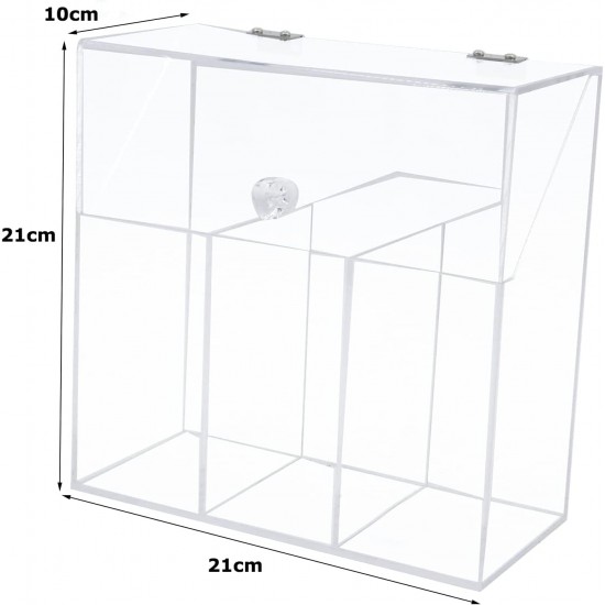 Clear Acrylic Organizer with Lid Large Dustproof with 3 Compartments, Brush Storage, First Aid Box (21x21x10cm)