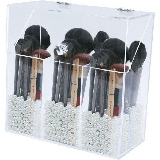 Clear Acrylic Organizer with Lid Large Dustproof with 3 Compartments, Brush Storage, First Aid Box (21x21x10cm)