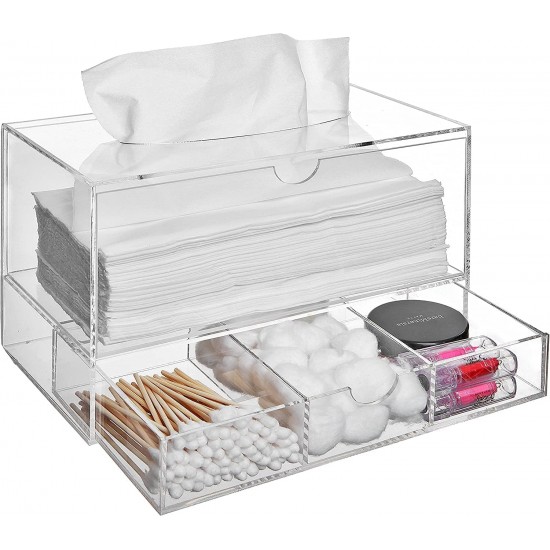 Clear Acrylic Cosmetic Organizer with Pull Out Makeup Storage Drawer with Tissue Box Dispenser