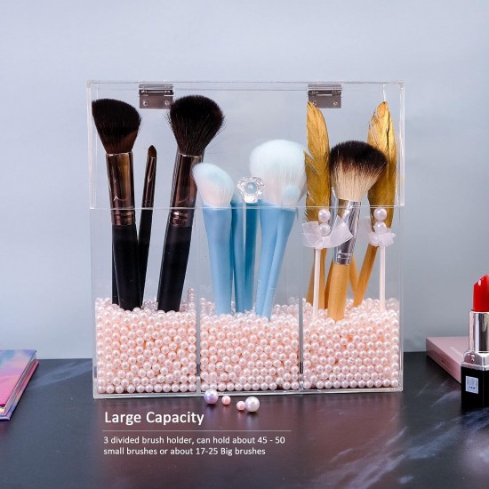 Acrylic Makeup Brush Holder with Decorative Pink Pearls, 3-Slot Personal Organizer with Closable Protective Lid, Heavy-Duty, Cosmetics Storage