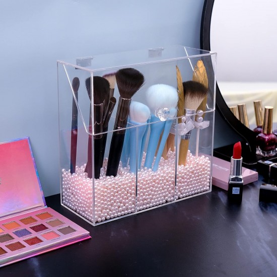 Acrylic Makeup Brush Holder with Decorative Pink Pearls, 3-Slot Personal Organizer with Closable Protective Lid, Heavy-Duty, Cosmetics Storage
