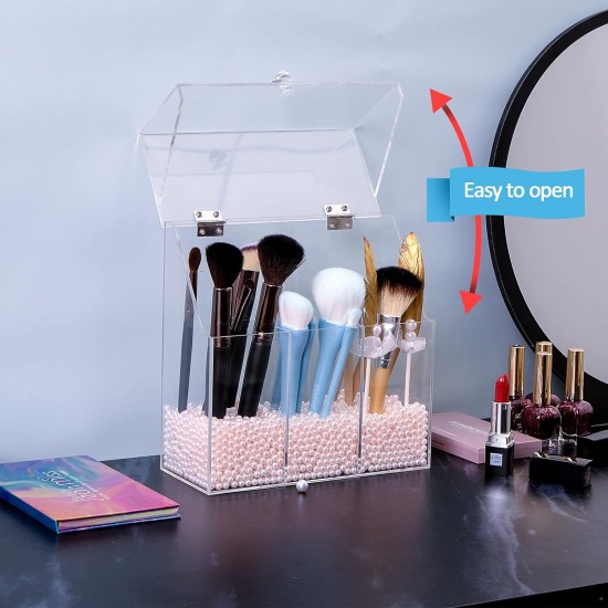 Acrylic Makeup Brush Holder with Decorative Pink Pearls, 3-Slot Personal Organizer with Closable Protective Lid, Heavy-Duty, Cosmetics Storage