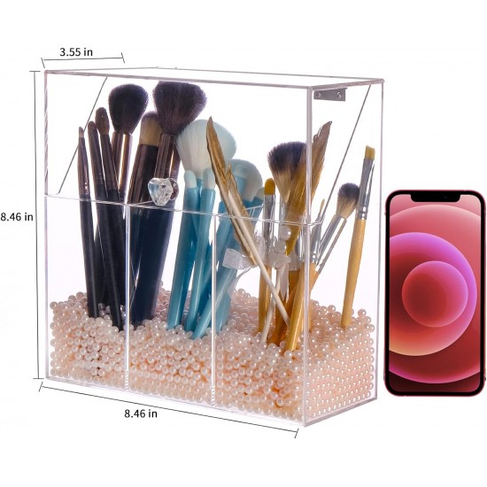 Acrylic Makeup Brush Holder with Decorative Pink Pearls, 3-Slot Personal Organizer with Closable Protective Lid, Heavy-Duty, Cosmetics Storage