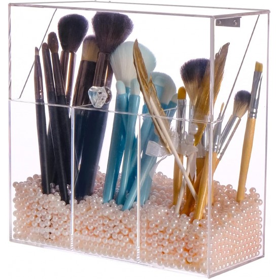 Acrylic Makeup Brush Holder with Decorative Pink Pearls, 3-Slot Personal Organizer with Closable Protective Lid, Heavy-Duty, Cosmetics Storage
