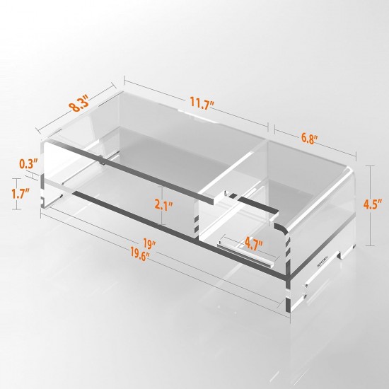 Clear Acrylic Monitor Stand, 20 Inch Width, 2 Tier with Storage, Desk Organizer, Desktop Printer, Laptop Storage Rack, Monitor Stand, Phone Holder