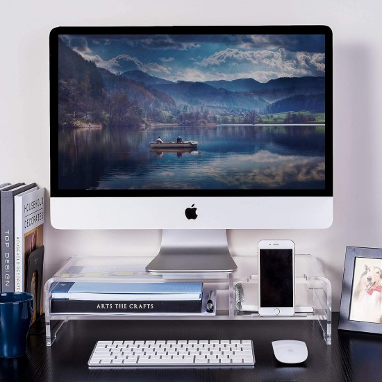 Clear Acrylic Monitor Stand, 20 Inch Width, 2 Tier with Storage, Desk Organizer, Desktop Printer, Laptop Storage Rack, Monitor Stand, Phone Holder