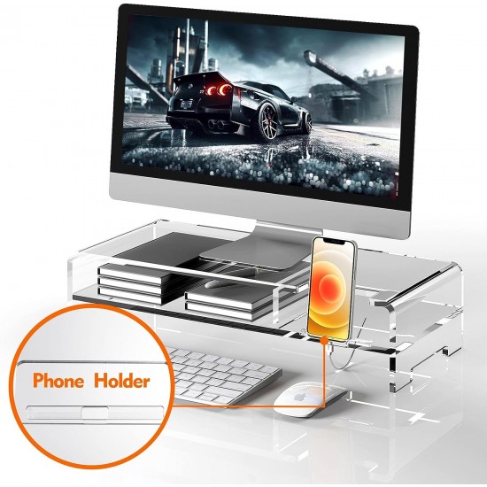 Clear Acrylic Monitor Stand, 20 Inch Width, 2 Tier with Storage, Desk Organizer, Desktop Printer, Laptop Storage Rack, Monitor Stand, Phone Holder