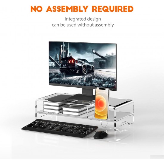Clear Acrylic Monitor Stand, 20 Inch Width, 2 Tier with Storage, Desk Organizer, Desktop Printer, Laptop Storage Rack, Monitor Stand, Phone Holder