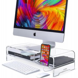 Clear Acrylic Monitor Stand, 20 Inch Width, 2 Tier with Storage, Desk Organizer, Desktop Printer, Laptop Storage Rack, Monitor Stand, Phone Holder
