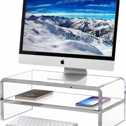 2 Tier Clear Acrylic Display Stand with Storage, Desk Organizer, Desktop Printer 5.5 Inch Height