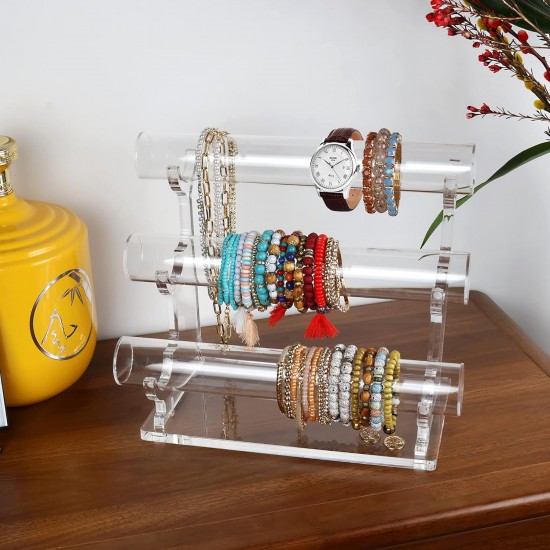 Clear Acrylic Jewelry and Watches Organizer, Stylish Crystal Bangle Bracelet Holder Jewelry Display for Selling, Invisible Detachable Holder (3 Tier)