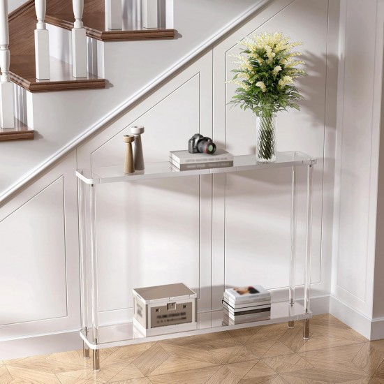Clear Acrylic Narrow Console Table for Entryway Cylindrical Legs, Skinny Entry Table for Sofa, Foyer, Hallway, Living Room, Modern, 2-Tier