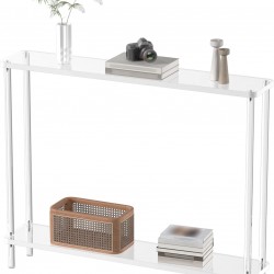 Clear Acrylic Narrow Console Table for Entryway Cylindrical Legs, Skinny Entry Table for Sofa, Foyer, Hallway, Living Room, Modern, 2-Tier