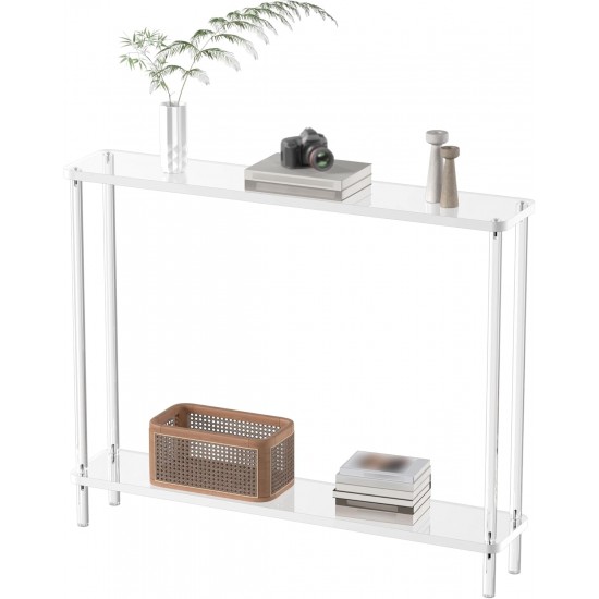 Clear Acrylic Narrow Console Table for Entryway Cylindrical Legs, Skinny Entry Table for Sofa, Foyer, Hallway, Living Room, Modern, 2-Tier