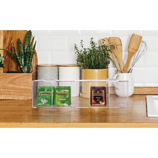 Clear Acrylic Tea Bag Organizer with Hinged Lid (35x10x8 cm), 5 Compartment