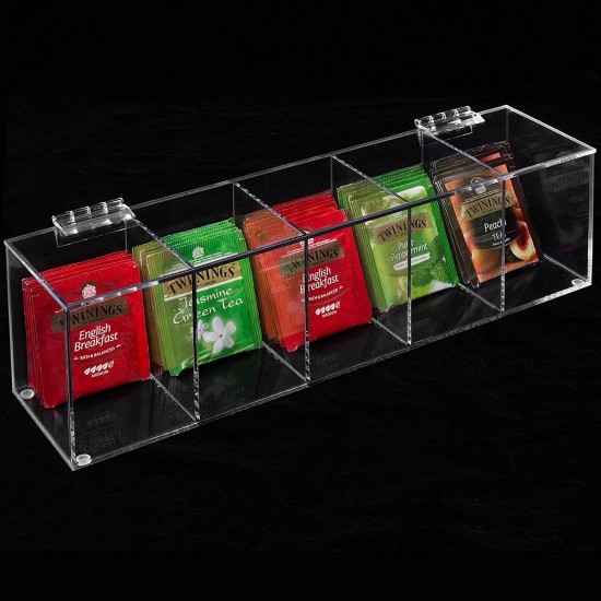 Clear Acrylic Tea Bag Organizer with Hinged Lid (35x10x8 cm), 5 Compartment