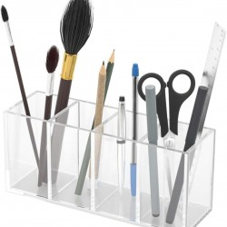 Clear Acrylic Pen Holder 4 Compartments, Pencil Organizer Cup for Countertop Desk Accessory Storage