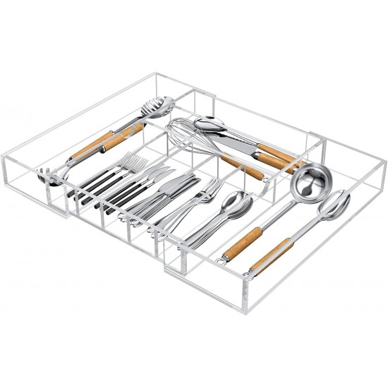 Clear Acrylic Kitchen Drawer Organizer for Flatware and Utensils, Expandable Silverware Organizer and Cutlery Tray for Kitchen, Office,Bathroom Supplies, 21"