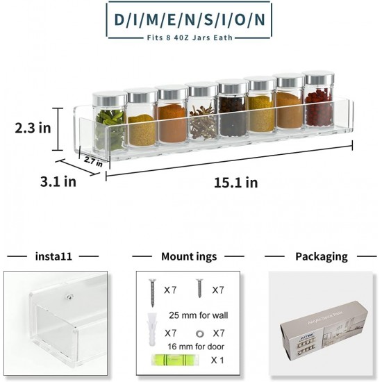 Clear Acrylic Spice Rack & Organizer, Wall Mount, Expandable for Kitchen (3 Pack)