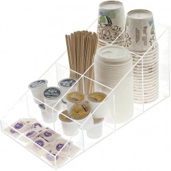 Clear Acrylic Coffee Station Organizer for Break Room, Kitchen Cups/Lids/Sugar/Tea/Stirrers( 7 compartments)