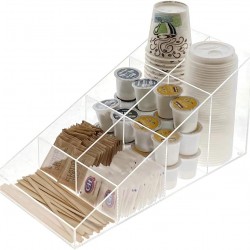 Clear Acrylic Coffee Station Organizer for Break Room, Kitchen Cups/Lids/Sugar/Tea/Stirrers( 7 compartments)