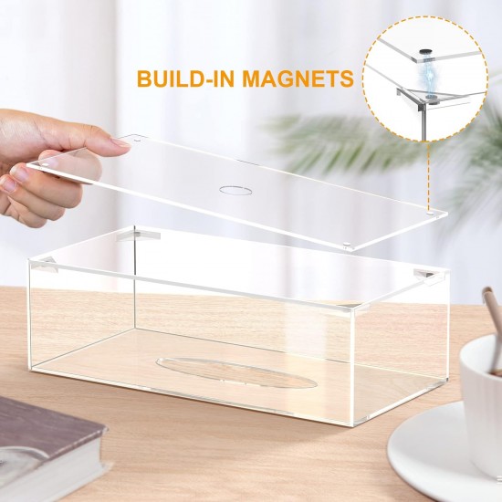 Refillable Clear Acrylic Facial Tissue Box with Magnetic Lid