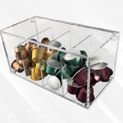Clear Acrylic Coffee Capsule Organizer contains 4 sections with a storage lid