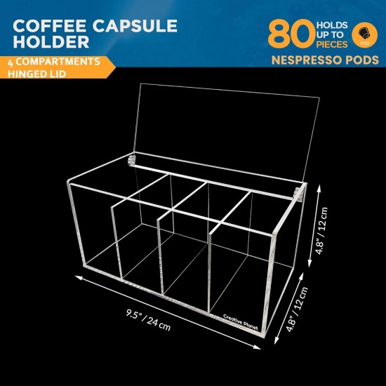 Clear Acrylic Coffee Capsule Organizer contains 4 sections with a storage lid