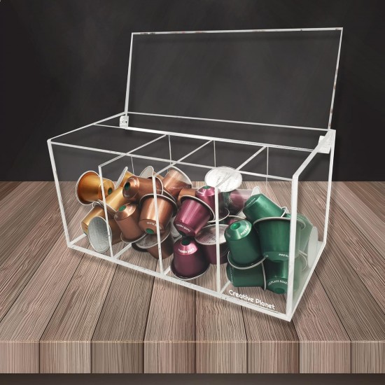 Clear Acrylic Coffee Capsule Organizer contains 4 sections with a storage lid