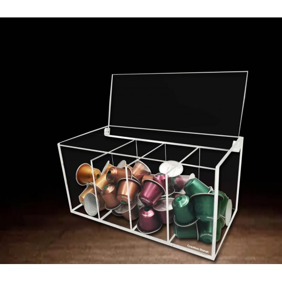 Clear Acrylic Coffee Capsule Organizer contains 4 sections with a storage lid