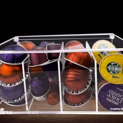 Clear Acrylic Coffee Capsule Organizer contains 4 sections with a storage lid