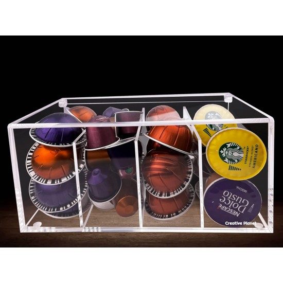 Clear Acrylic Coffee Capsule Organizer contains 4 sections with a storage lid