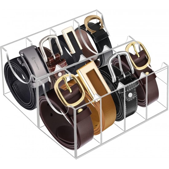 Belt Organizer, Clear Acrylic Belt Storage Holder for The Closet and Drawer, 8 Compartments Belt Box