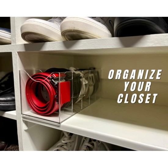 Clear Acrylic Belt Organizer with 5 Compartments, Belt, Makeup & Tie Container Storage Holder for Closet, Shelf, and Dresser Drawers