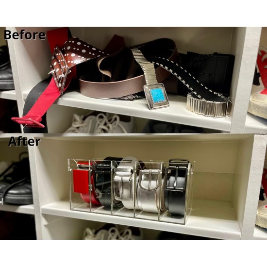 Clear Acrylic Belt Organizer with 5 Compartments, Belt, Makeup & Tie Container Storage Holder for Closet, Shelf, and Dresser Drawers