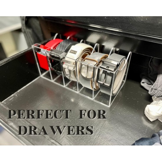 Clear Acrylic Belt Organizer with 5 Compartments, Belt, Makeup & Tie Container Storage Holder for Closet, Shelf, and Dresser Drawers