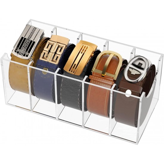 Clear Acrylic Belt Organizer with 5 Compartments, Belt, Makeup & Tie Container Storage Holder for Closet, Shelf, and Dresser Drawers