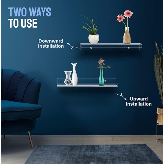 Clear Acrylic Shelves for Wall - Pack of 3 Invisible Floating Bookshelf with Installation Kit & Covers to Hide Screws - Decoration & Storage Acrylic Wall Shelf s Room, Bathroom & Kitchen