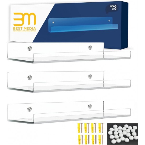 Clear Acrylic Shelves for Wall - Pack of 3 Invisible Floating Bookshelf with Installation Kit & Covers to Hide Screws - Decoration & Storage Acrylic Wall Shelf s Room, Bathroom & Kitchen