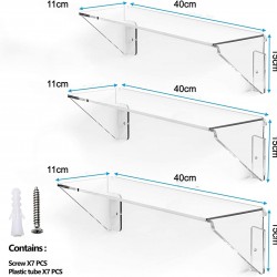Clear Acrylic Floating Wall Shelves, Wall Mounted, 5mm thickness,(3 pack),(11x40x15cm)