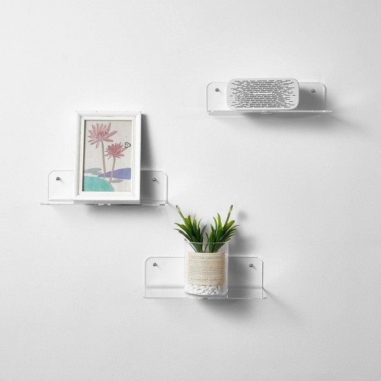 Clear Acrylic Floating Shelves with Hole design for cable - Easily Expand Wall Space - Small Wall Shelf for Bedroom, Bathroom, Gaming Room, Living Room, Office (2 Pack)