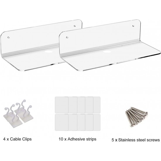 Clear Acrylic Floating Shelves with Hole design for cable - Easily Expand Wall Space - Small Wall Shelf for Bedroom, Bathroom, Gaming Room, Living Room, Office (2 Pack)
