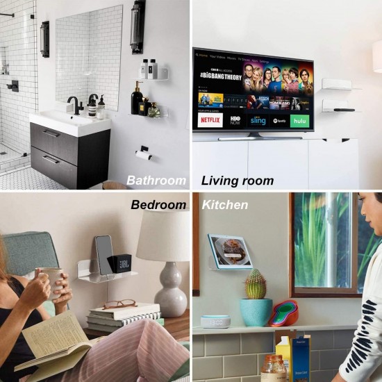 Clear Acrylic Floating Shelves with Hole design for cable - Easily Expand Wall Space - Small Wall Shelf for Bedroom, Bathroom, Gaming Room, Living Room, Office (2 Pack)