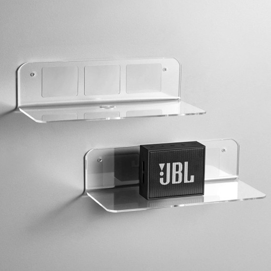 Clear Acrylic Floating Shelves with Hole design for cable - Easily Expand Wall Space - Small Wall Shelf for Bedroom, Bathroom, Gaming Room, Living Room, Office (2 Pack)