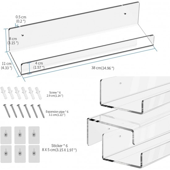 Clear Acrylic Floating Shelf for Wall, Wall Display Shelves Storage Rack for Bathroom Living Room Kitchen and Office (3 Pack)