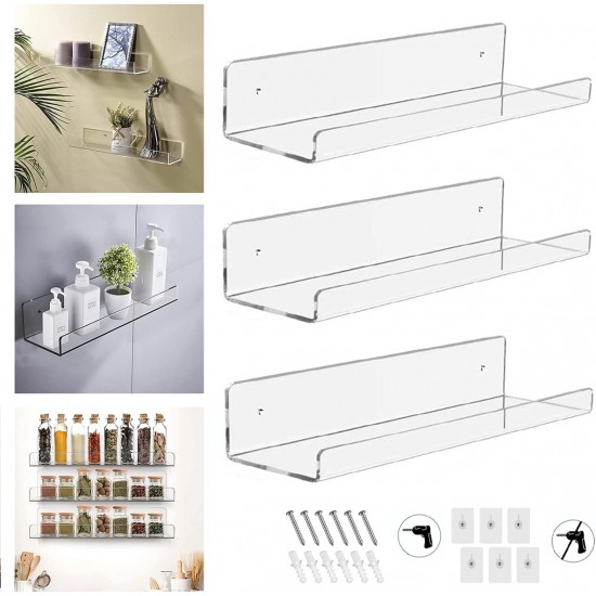 Clear Acrylic Floating Shelf for Wall, Wall Display Shelves Storage Rack for Bathroom Living Room Kitchen and Office (3 Pack)
