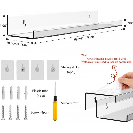 Clear Acrylic Floating Shelf for Wall, Wall Display Shelves Storage Rack for Bathroom Living Room Kitchen and Office (40cm)(2 Pack)