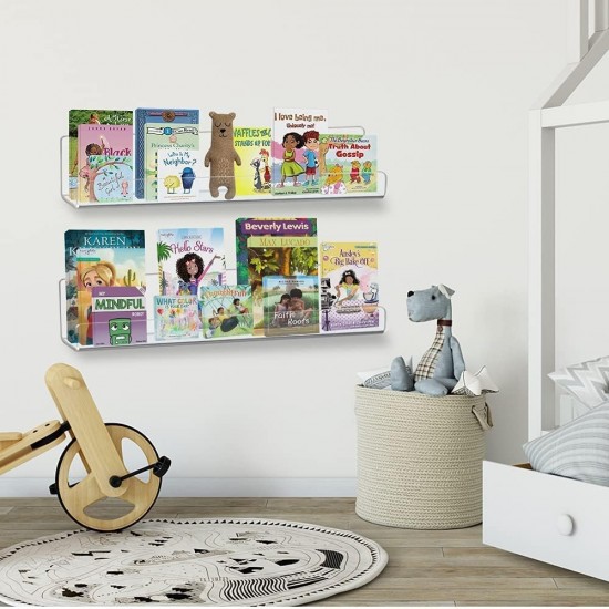 Clear Acrylic Shelves for Living Room Kitchen Bedroom Bathroom Office Store, Book Picture Toys Ledge Shelf, Wall Storage Organizer, (2 Pack)